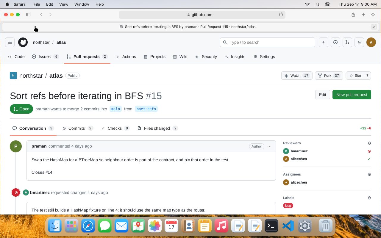 A rendered frame: Safari on macOS showing a GitHub pull request.