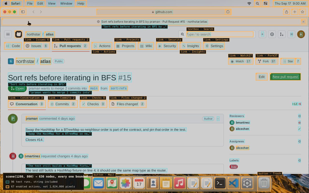 The same frame with a box around each of its 96 text runs and 67 enabled controls.